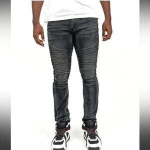 Reason jeans - faded black moto jeans, stretch skinny straight